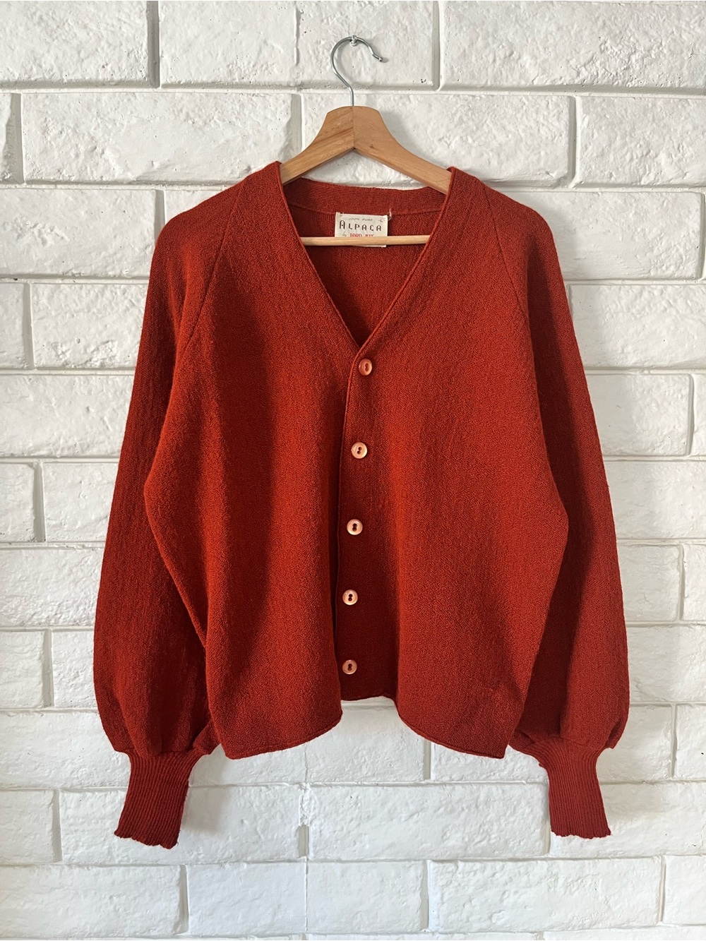 Vintage Lord Jeff 100% Alpaca Wool Cardigan Sweater Wide Sleeves Rust Orange L